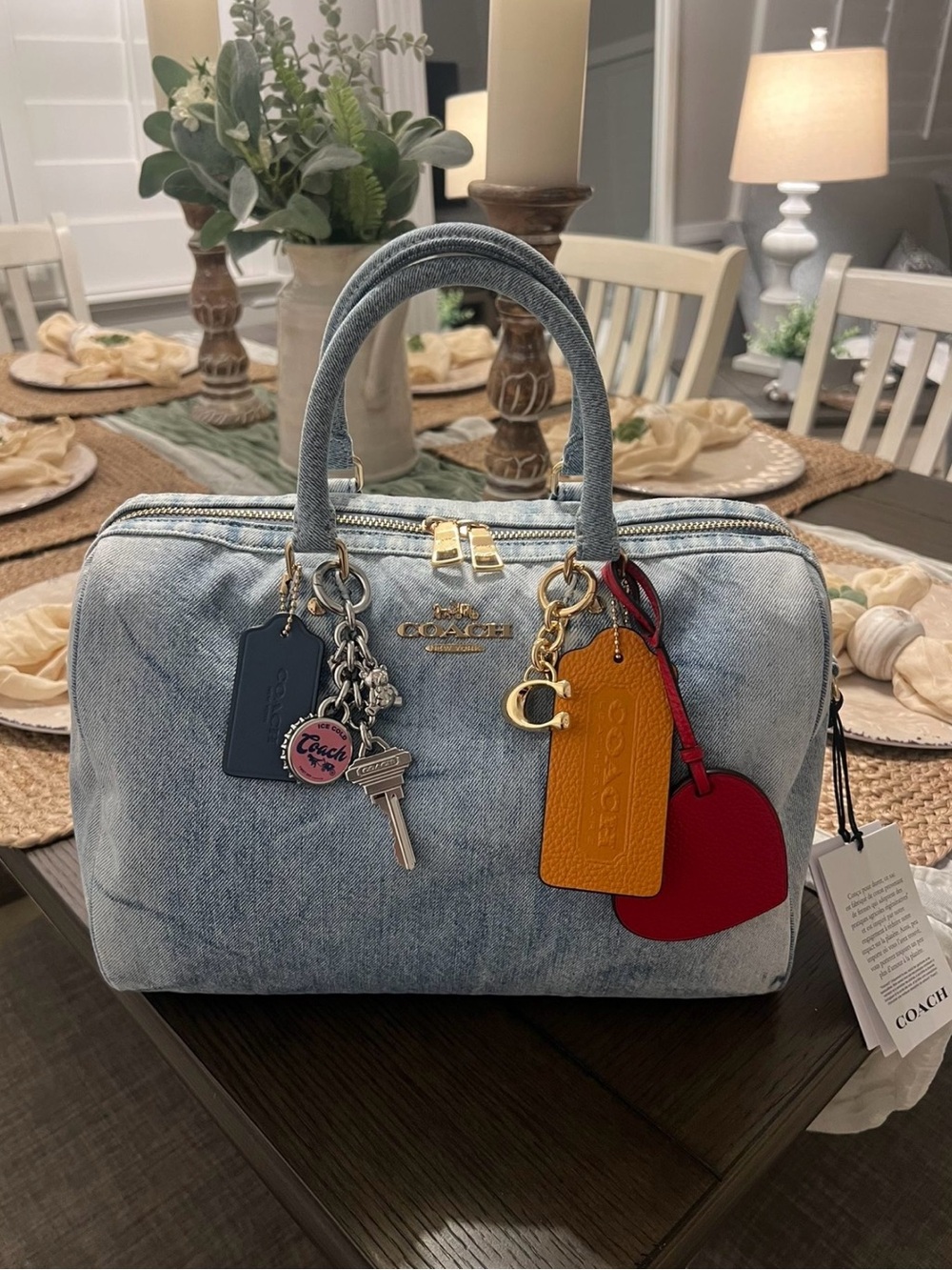 Coach Light Blue Denim Satchel with Multicolor Leather Charms